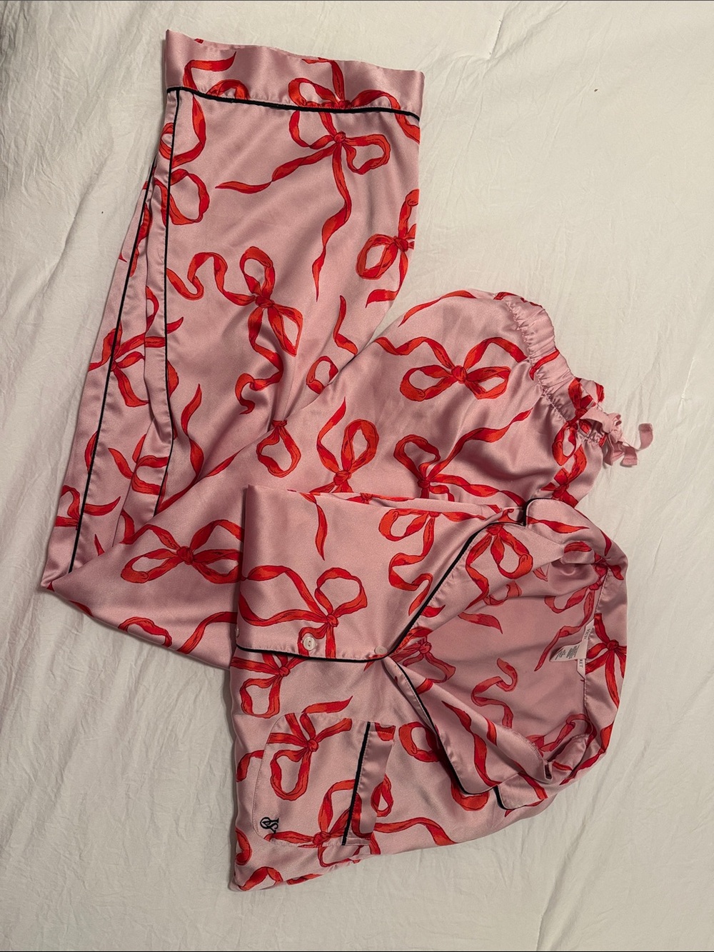 Victoria's Secret Pink Satin Pajama Set with Red Bow Print